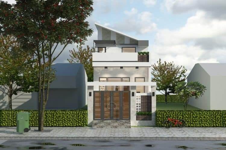 nha-cap-4-6c39715-co-gac-lung-2 Nhà phố hiện đại mái lệch, bao quanh bởi cây xanh và đường phố lát gạch.