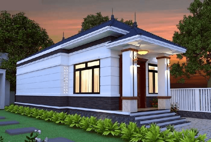 Nhà cấp 4 hiện đại với sân vườn xanh mát và đèn sáng bên ngoài, nền trời hoàng hôn tạo không gian ấm cúng.