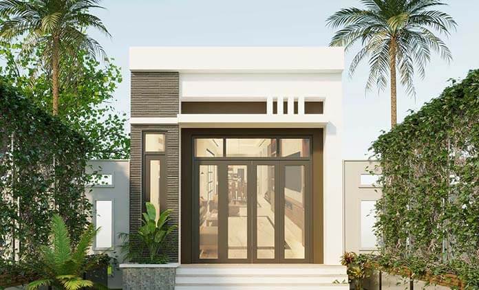 nha-cap-4-6c39715-ngay-cang-duoc-ua-chuong-boi-chi-phi-xay-dung-hop-ly-cho-gia-dinh-nho Nhà cấp 4 hiện đại với cửa kính lớn, cây cối xanh tươi và thiết kế mái bằng, tạo không gian thoáng đãng.