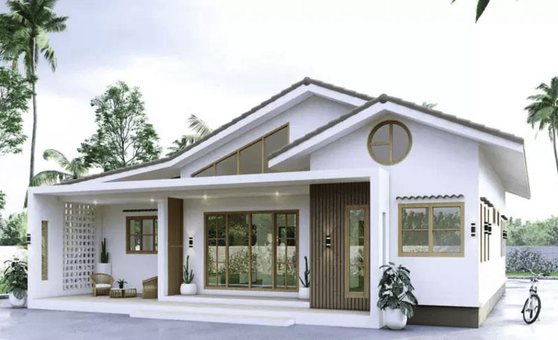 Nhà một tầng mái nghiêng hiện đại, sơn trắng, cửa kính lớn và cảnh quan xanh tươi.