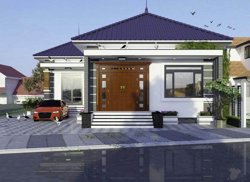 Nhà một tầng hiện đại với mái ngói xanh, cửa gỗ lớn, ô tô đỏ đậu phía trước và chim đậu trên mái.
