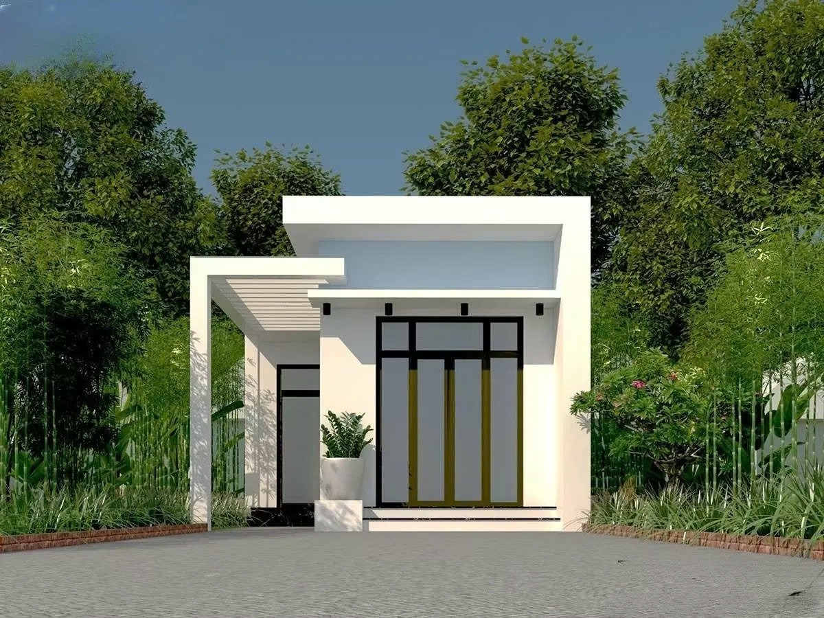 Nhà cấp 4 hiện đại với cửa kính lớn, tường trắng giữa vườn xanh mát, ánh nắng chiếu rọi mùa hè.