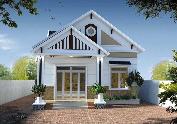 Nhà cấp 4 mái thái hiện đại, sân gạch đỏ, cây xanh hai bên, thiết kế tối giản và sáng tạo.