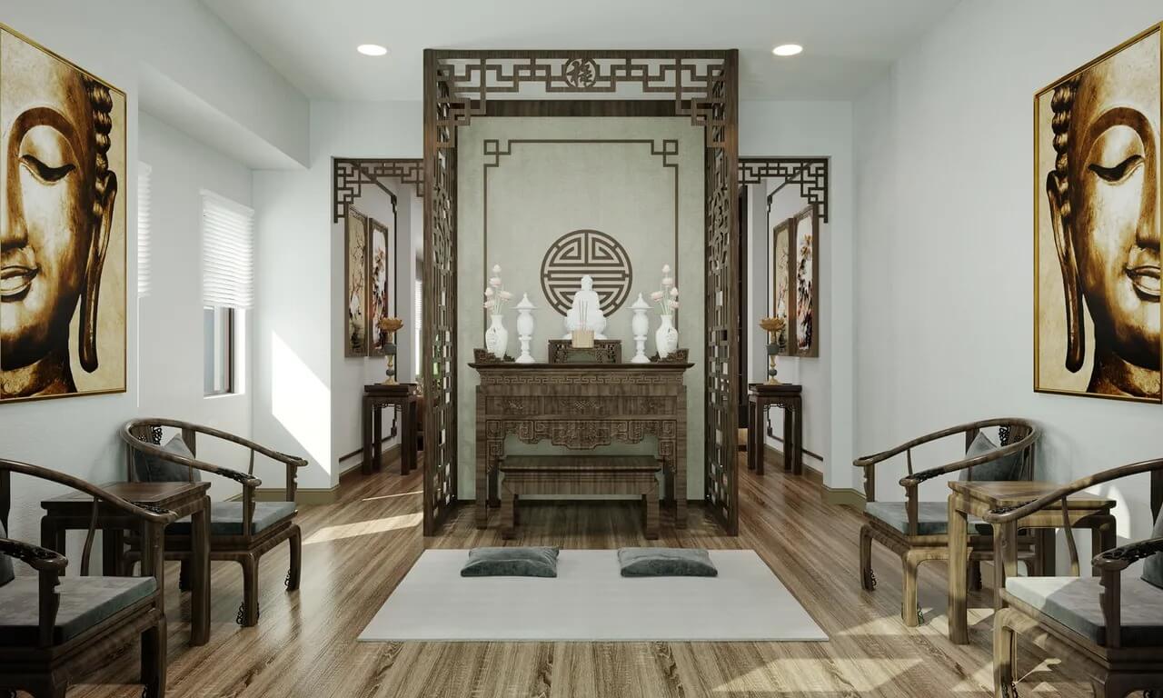 Nhà cấp 4 có phòng thờ riêng không vách ngăn với phòng khách