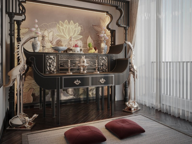 Bàn thờ phong cách châu Á, trang trí đèn và lọ hoa, nền tranh sen, sàn gỗ, cửa sổ lớn, hai gối đệm đỏ.