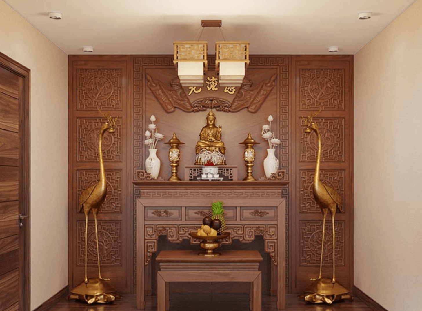 Bàn thờ gỗ trang trí với tượng Phật, hạc vàng và bình hoa. Không gian tâm linh ấm cúng và trang nghiêm.