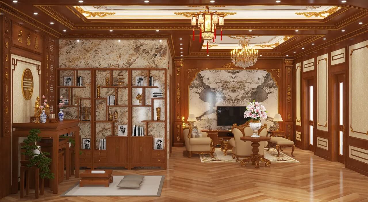 Phòng khách cổ điển sang trọng với nội thất gỗ và đèn chùm nổi bật, mang lại không gian ấm cúng và tinh tế.