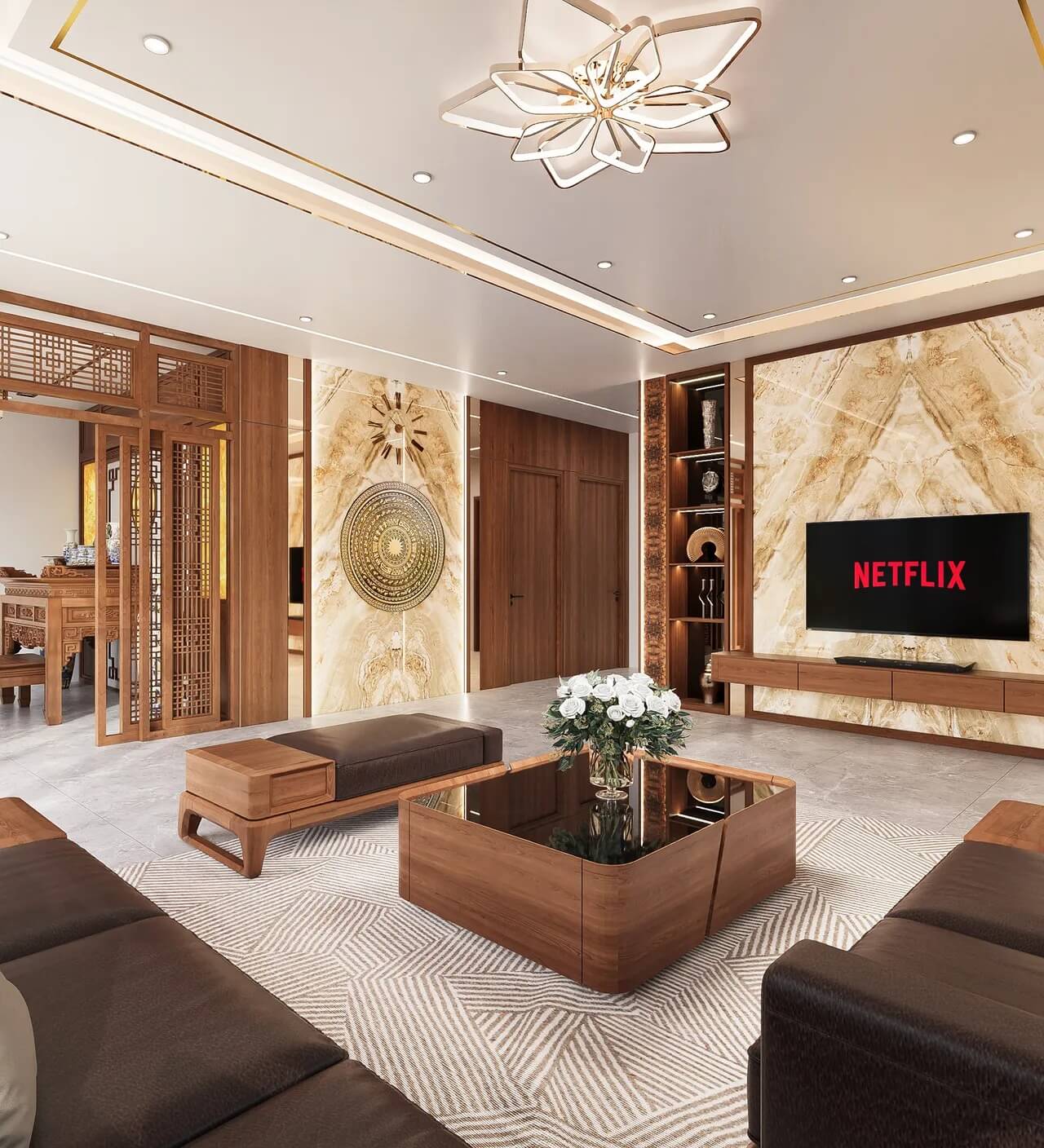 Phòng khách sang trọng với nội thất gỗ, bàn kính và TV Netflix trên tường.