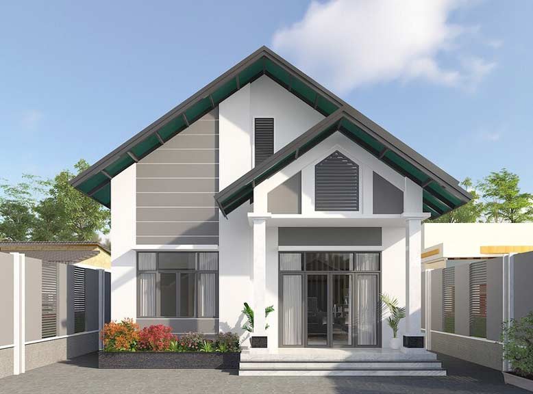 Ngôi nhà mái thái hiện đại với gam màu tươi sáng, khuôn viên rộng rãi và cây cối tạo nên khung cảnh đẹp.