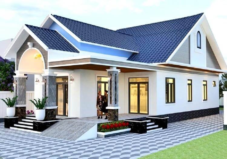 Nhà cấp 4 mái thái hiện đại, sân rộng, thiết kế sang trọng với cửa kính lớn và tông màu trắng.