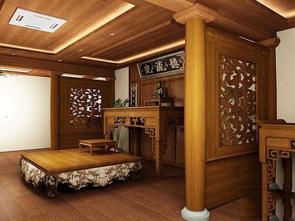 Phòng thờ truyền thống bằng gỗ với bàn thờ, không gian ấm áp và thiết kế tinh tế.