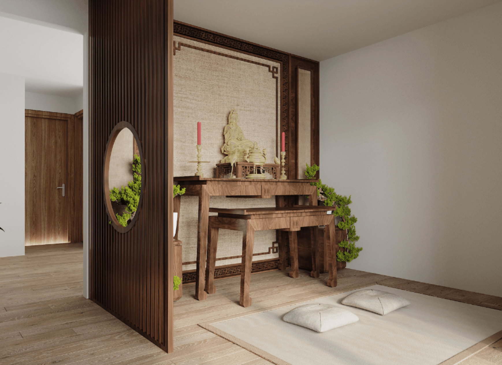 Nội thất phòng thờ bằng gỗ hiện đại với tượng Phật, bàn thờ và nến trang trí, tạo không gian yên bình.