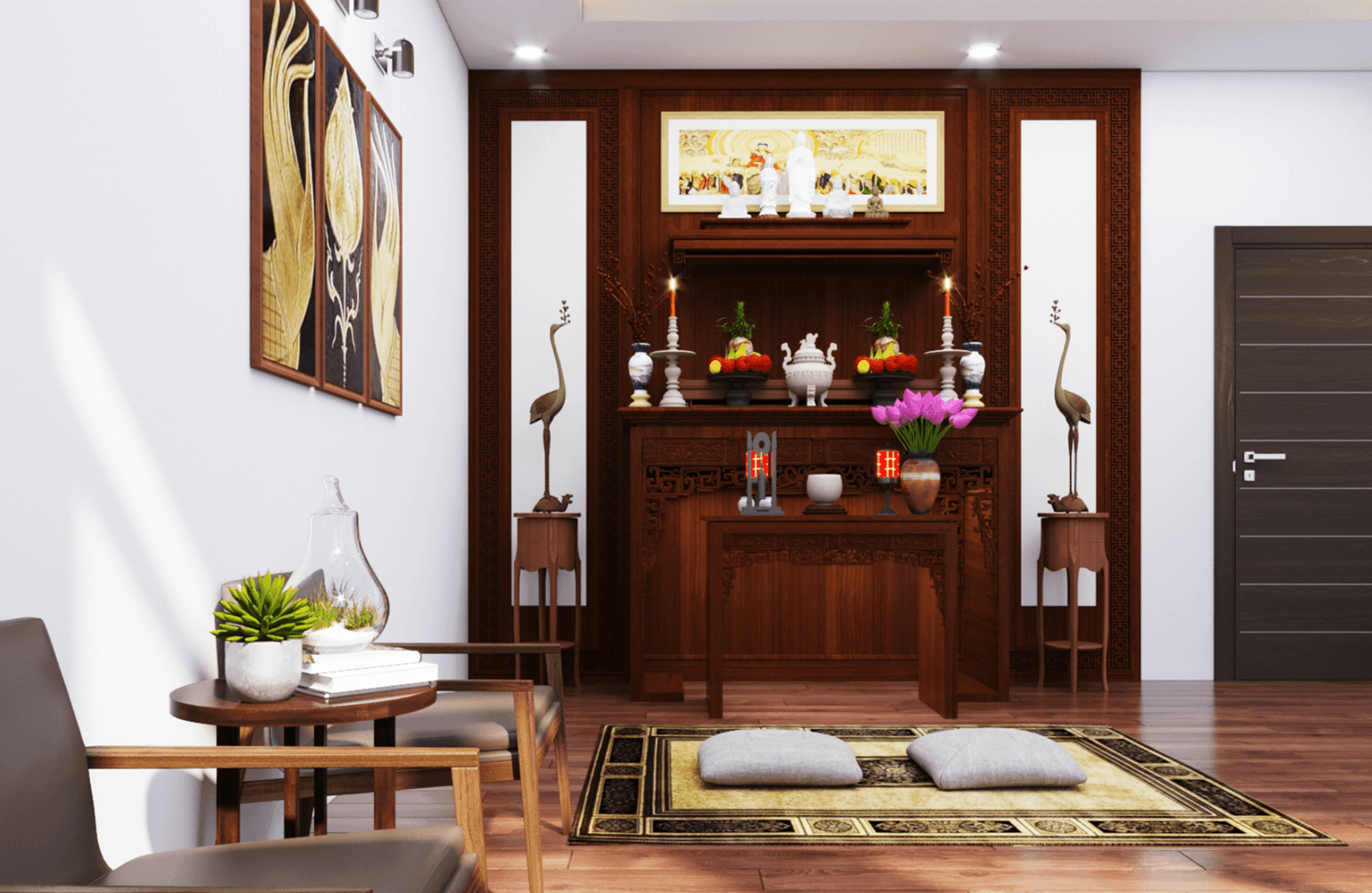 Bàn thờ gỗ truyền thống trong phòng khách hiện đại, trang trí với tượng, bình hoa và nến.