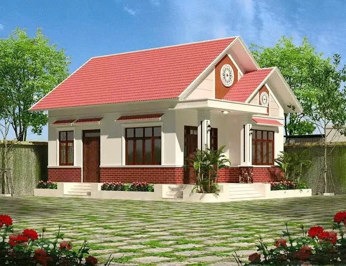 Nhà một tầng mái đỏ hiện đại, sân vườn xanh mát, thiết kế đơn giản và thoáng đãng.