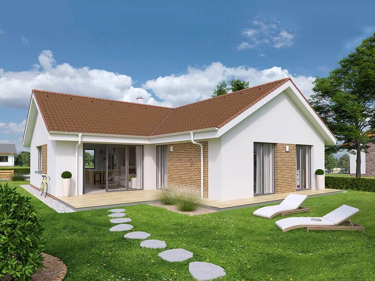 nha-cap-4-voi-san-vuon-100m2-o-nong-thon-2 Nhà một tầng hiện đại với mái ngói đỏ, sân cỏ xanh và ghế dài thư giãn dưới bầu trời trong xanh.