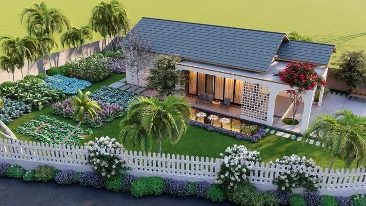 nha-cap-4-voi-san-vuon-100m2-o-nong-thon-4 Nhà vườn nhỏ đẹp với sân xanh và hàng rào trắng bao quanh. Khu vườn đa dạng cây cỏ và hoa tươi tốt.