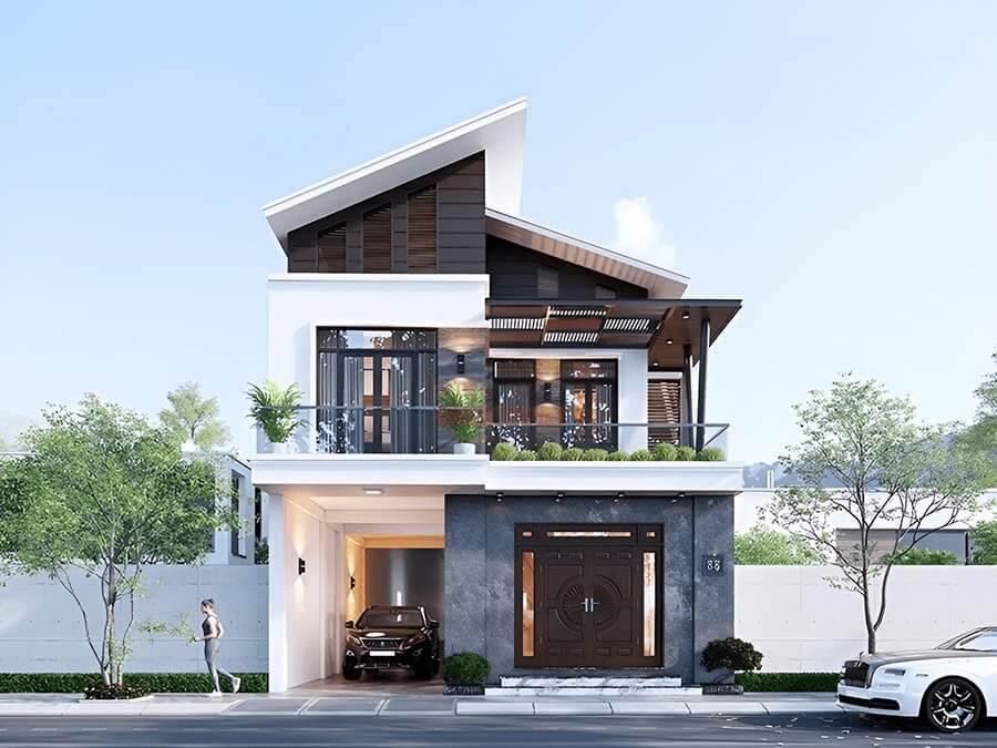 Nhà hai mái lệch có ban công