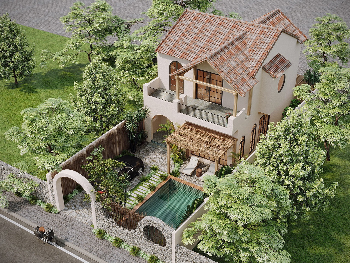 Biệt thự hiện đại với bể bơi và sân vườn xanh mát, thiết kế theo phong cách Địa Trung Hải.