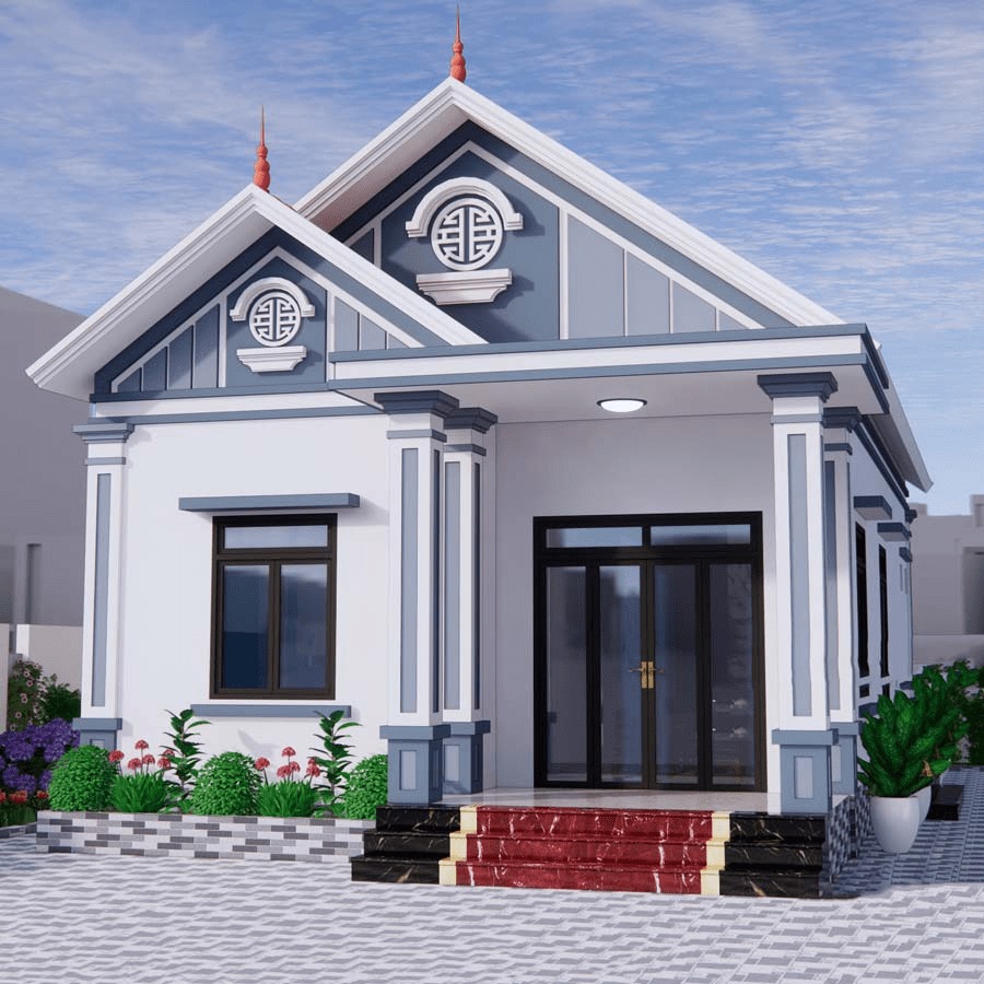 Nhà cấp 4 mái thái hiện đại với cửa kính lớn và sân vườn, mang phong cách kiến trúc truyền thống Việt Nam.