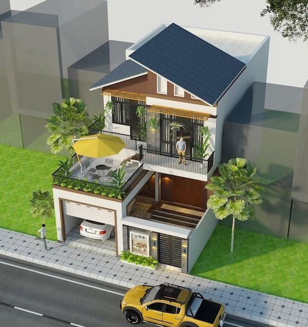 nha-may-lech-2-tang-12 Nhà hai tầng hiện đại với ban công, sân thượng nhiều cây xanh và gara xe, nằm cạnh con đường.