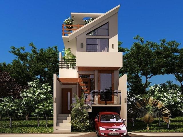 nha-may-lech-2-tang-26 Nhà hiện đại 3 tầng với thiết kế mái chéo, xe ô tô đỏ đỗ trước cửa, cây xanh xung quanh.