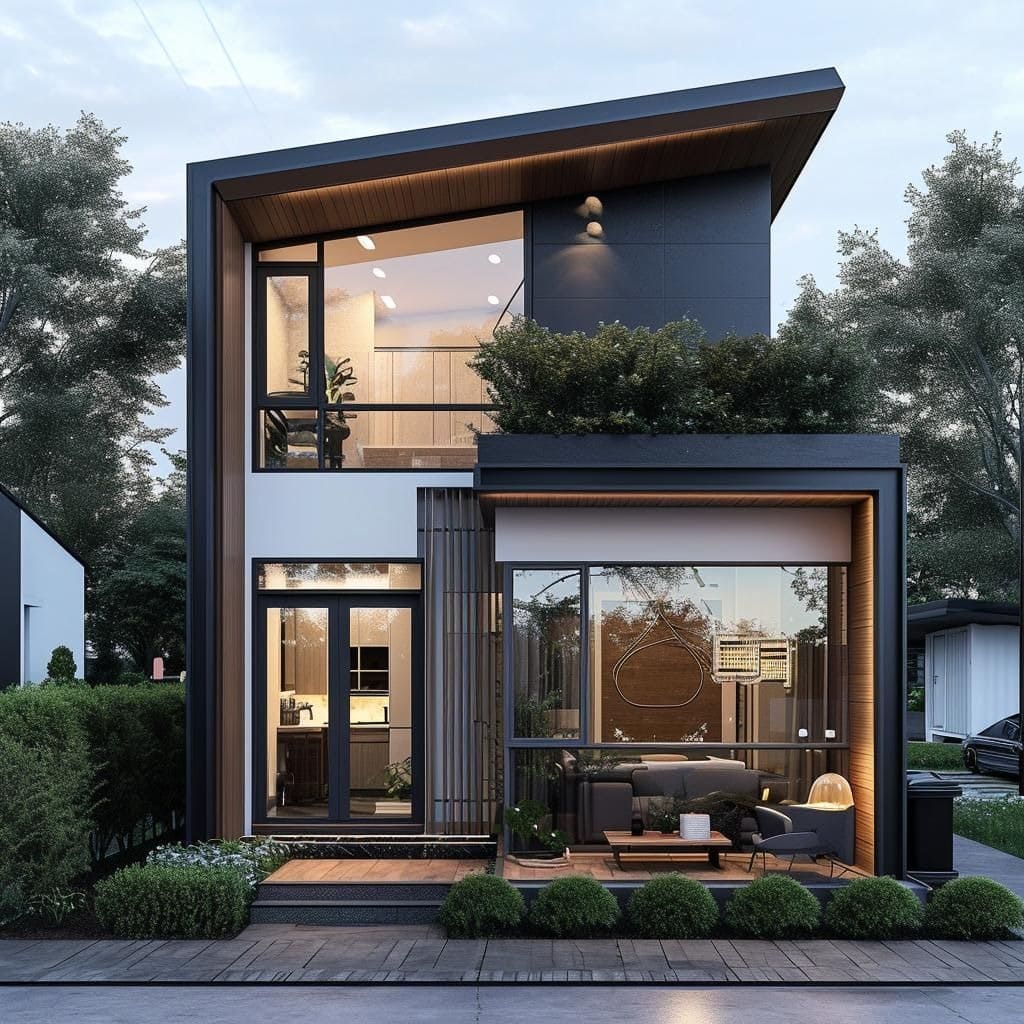 Nhà hiện đại với thiết kế mái lệch, cửa kính lớn và vườn xanh xung quanh tạo không gian thoáng đãng.