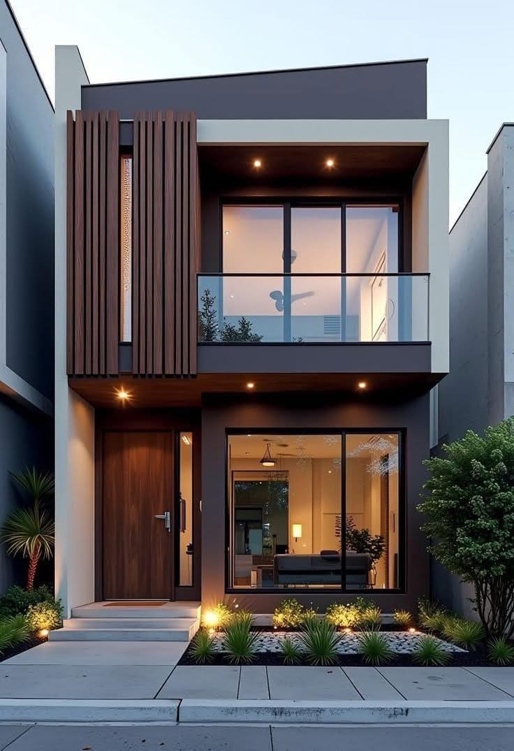 Nhà phố hiện đại hai tầng với mặt tiền kính và đèn sáng, thiết kế sang trọng, cây xanh trang trí phía trước.