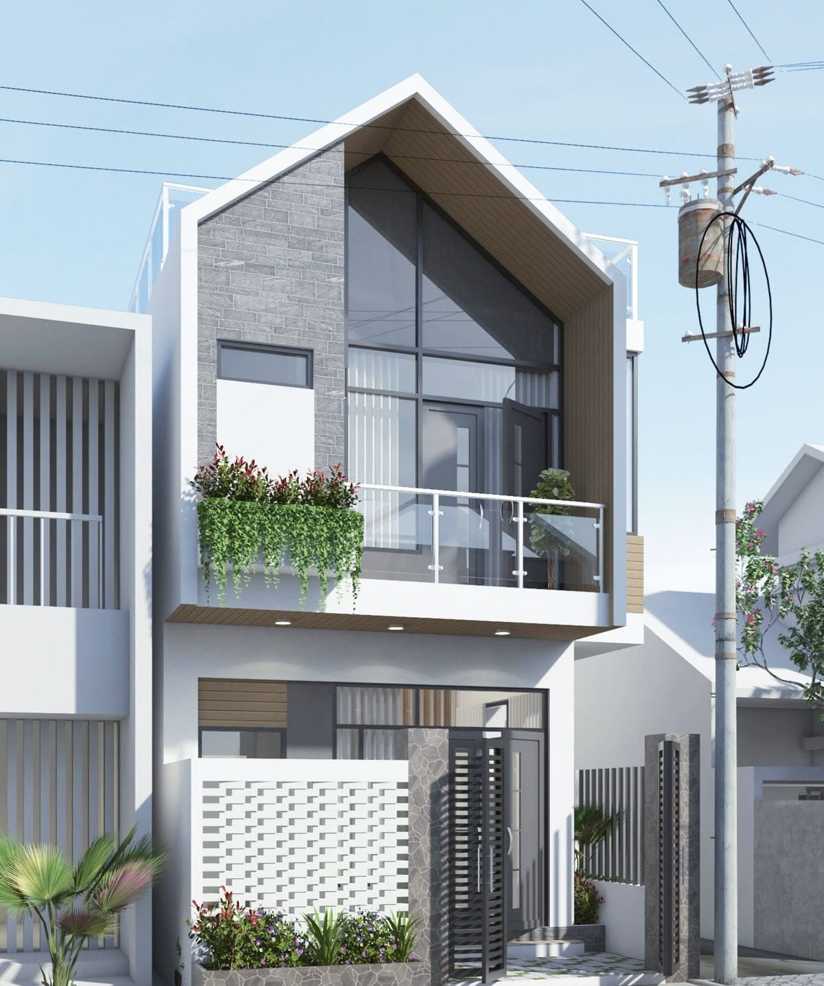 Nhà phố hiện đại với mặt tiền kính, ban công cây xanh và cổng đá, thiết kế tối giản.