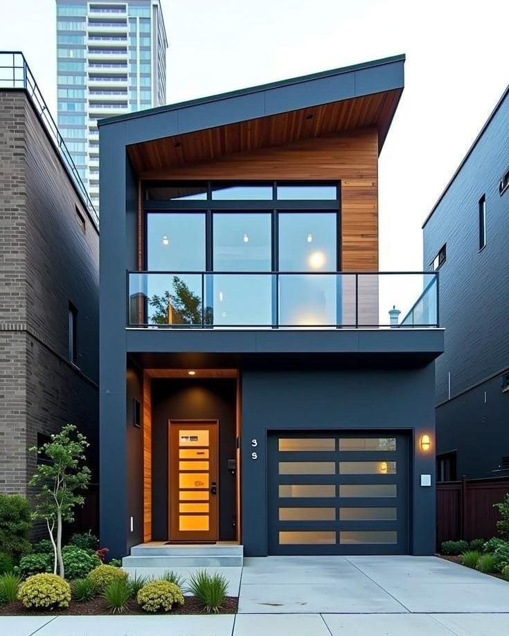 nha-may-lech-2-tang-30 Nhà hiện đại hai tầng với mái nghiêng và kính lớn, có gara và cây xanh trước cửa.