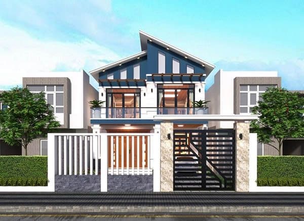 nha-may-lech-2-tang-31 Nhà hiện đại 2 tầng với thiết kế mái độc đáo và cửa kính lớn, xung quanh là cây xanh và hàng rào sắt.