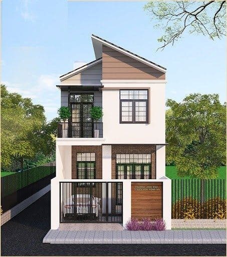 nha-may-lech-2-tang-9 Nhà phố hiện đại hai tầng với sân vườn, cửa sổ lớn và hàng rào sắt, bao quanh bởi cây xanh.