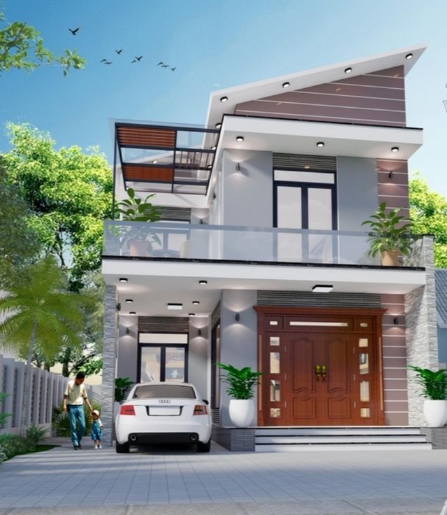 nha-may-lech-2-tang Nhà hiện đại hai tầng với xe hơi trắng đỗ trước cửa, cây xanh xung quanh, thiết kế mở thoáng đãng.