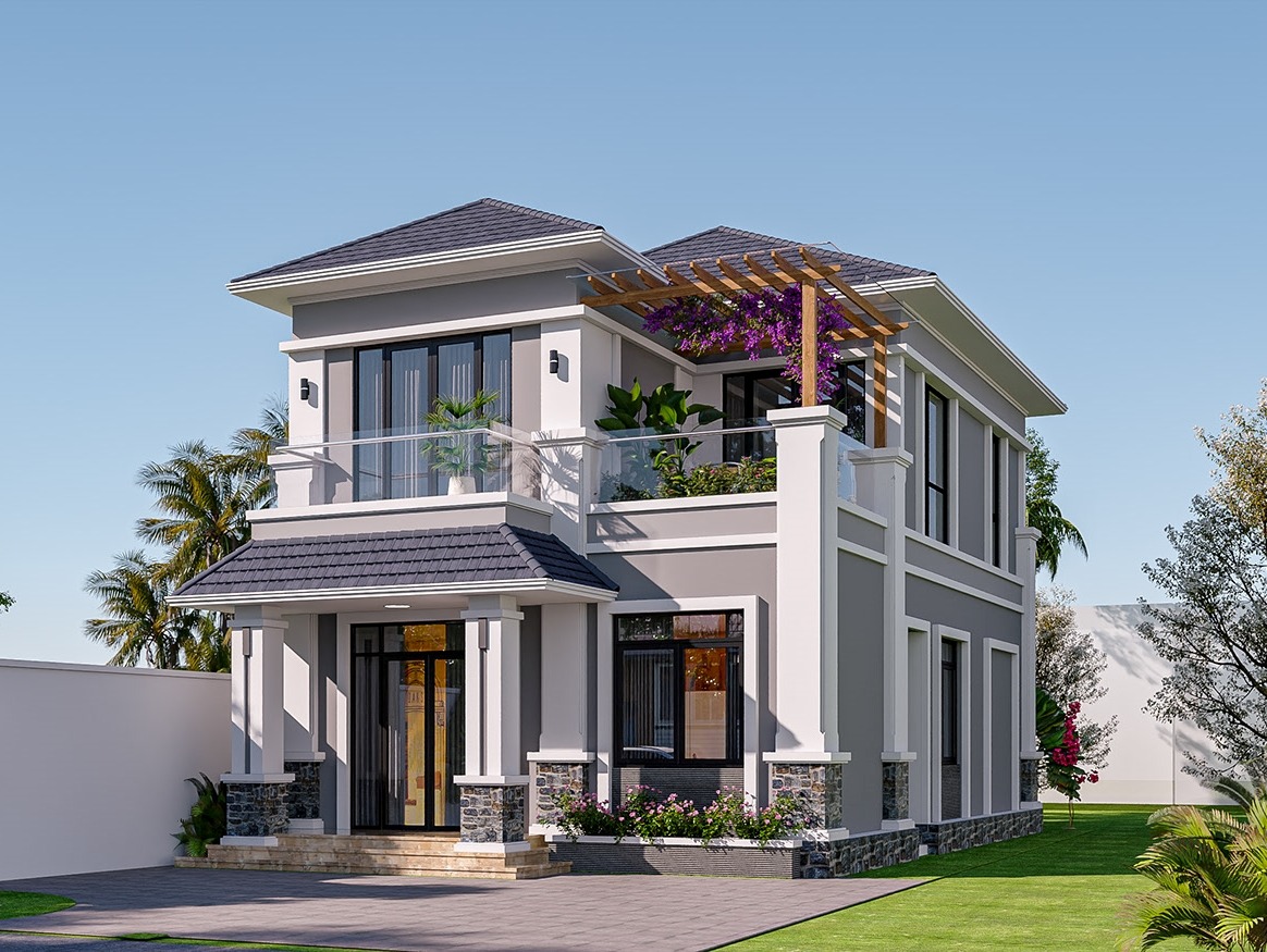 Nhà hai tầng hiện đại với sân vườn xanh, kiến trúc mái độc đáo, cửa sổ lớn và ban công rộng rãi.