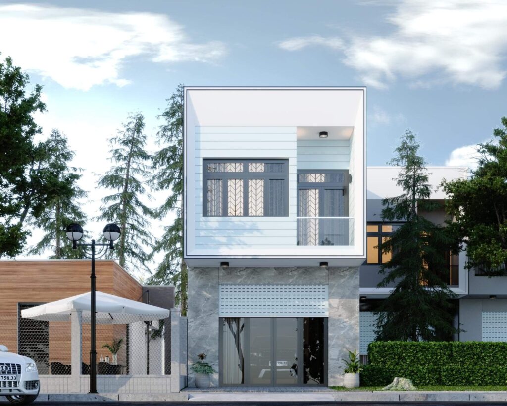 Ngôi nhà hiện đại hai tầng với tường trắng, cửa kính lớn, cây xanh và mái xếp ngoài trời.
