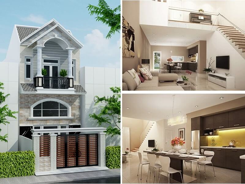 Nhà phố hiện đại 2 tầng với nội thất sang trọng và không gian sống thoáng đãng, ánh sáng tự nhiên.