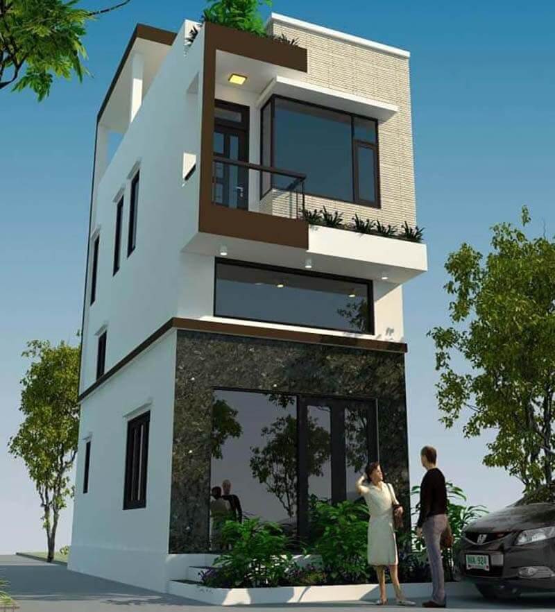 Nhà 3 tầng hiện đại, thiết kế góc cạnh với cửa kính lớn, có người đứng nói chuyện phía trước.