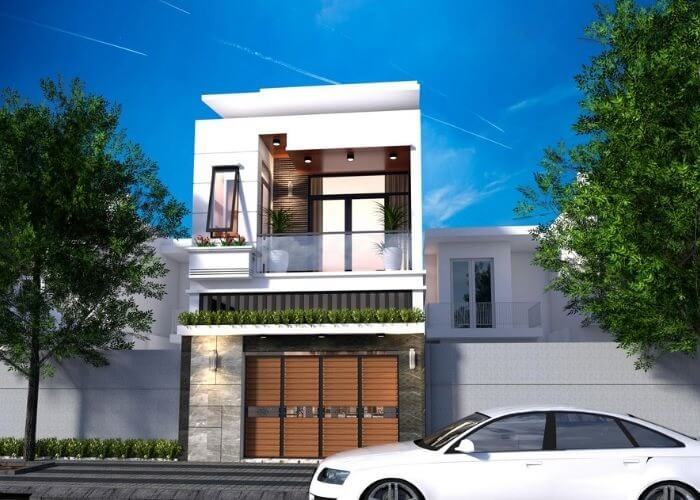 Nhà phố hiện đại hai tầng với cây xanh và bầu trời xanh, phía trước có xe hơi màu trắng.
