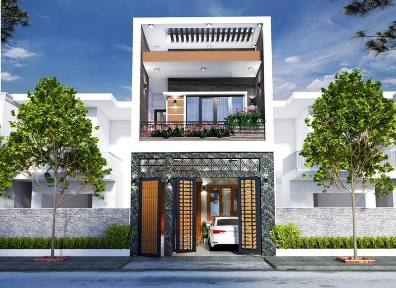Nhà phố hiện đại, 2 tầng với gara ô tô, cây xanh bên ngoài, ban công hoa, thiết kế tối giản.
