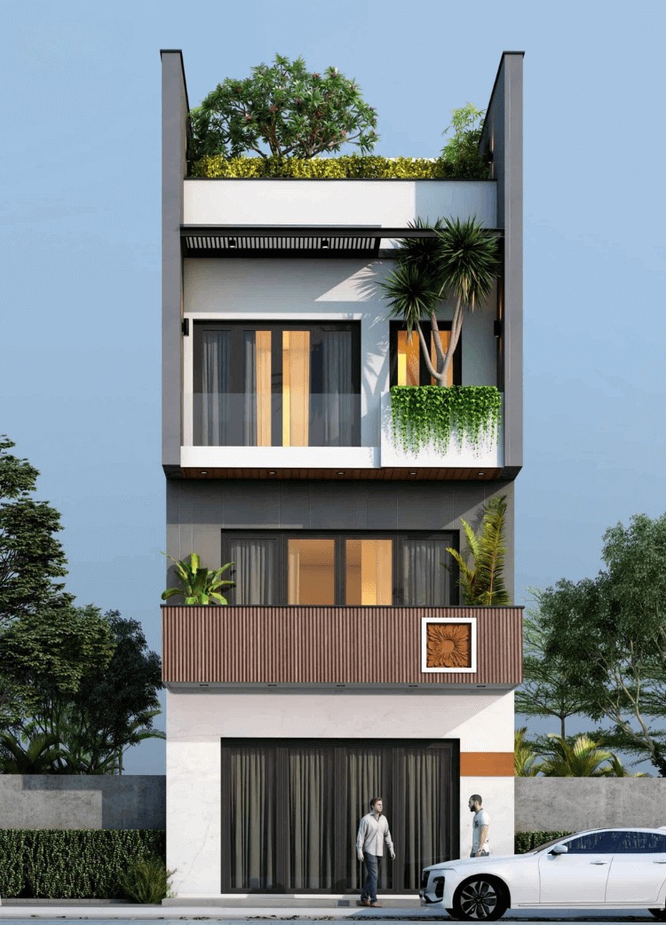 Ngôi nhà ba tầng hiện đại với cây xanh trên mái, thiết kế tối giản và xe ô tô trắng đỗ trước cửa.