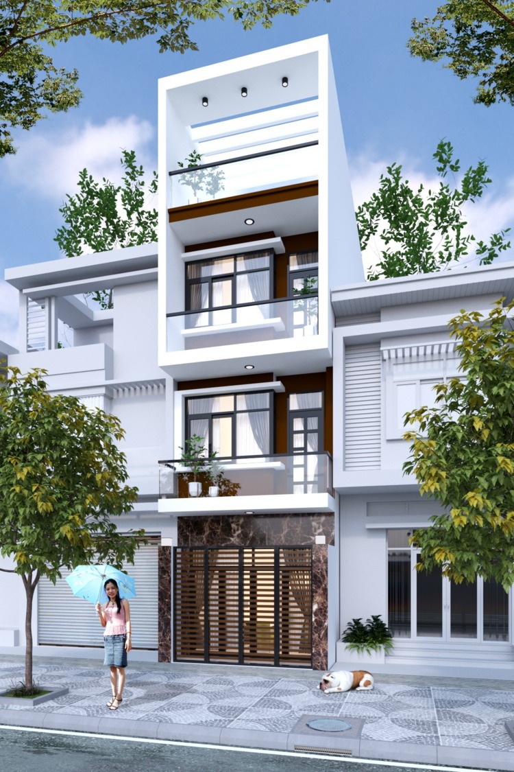 Nhà phố hiện đại ba tầng với cửa sổ lớn, cây xanh xung quanh và người phụ nữ che ô trên vỉa hè.