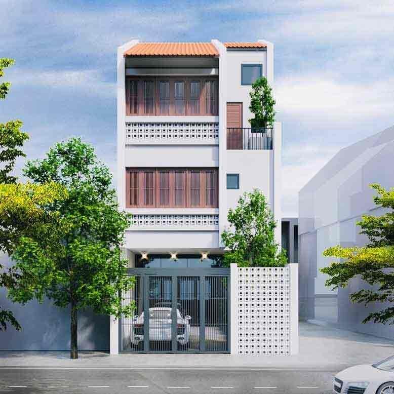Nhà phố hiện đại 3 tầng với cửa kính lớn, mái ngói đỏ và cây xanh trước sân, phong cách kiến trúc đương đại.