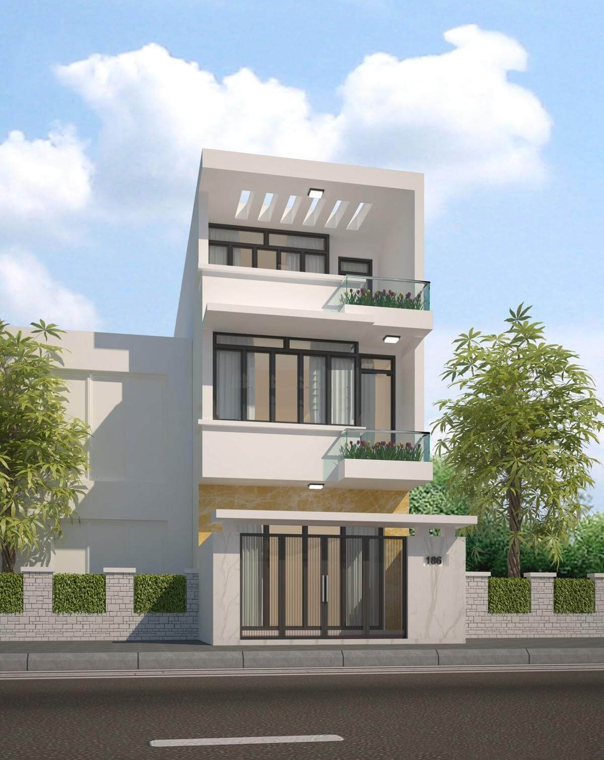nha-ong-3-tang-5x15m-4-phong-ngu-mai-bang-4 Nhà phố ba tầng hiện đại với ban công kính, cây xanh xung quanh, bầu trời xanh và mây trắng phía sau.