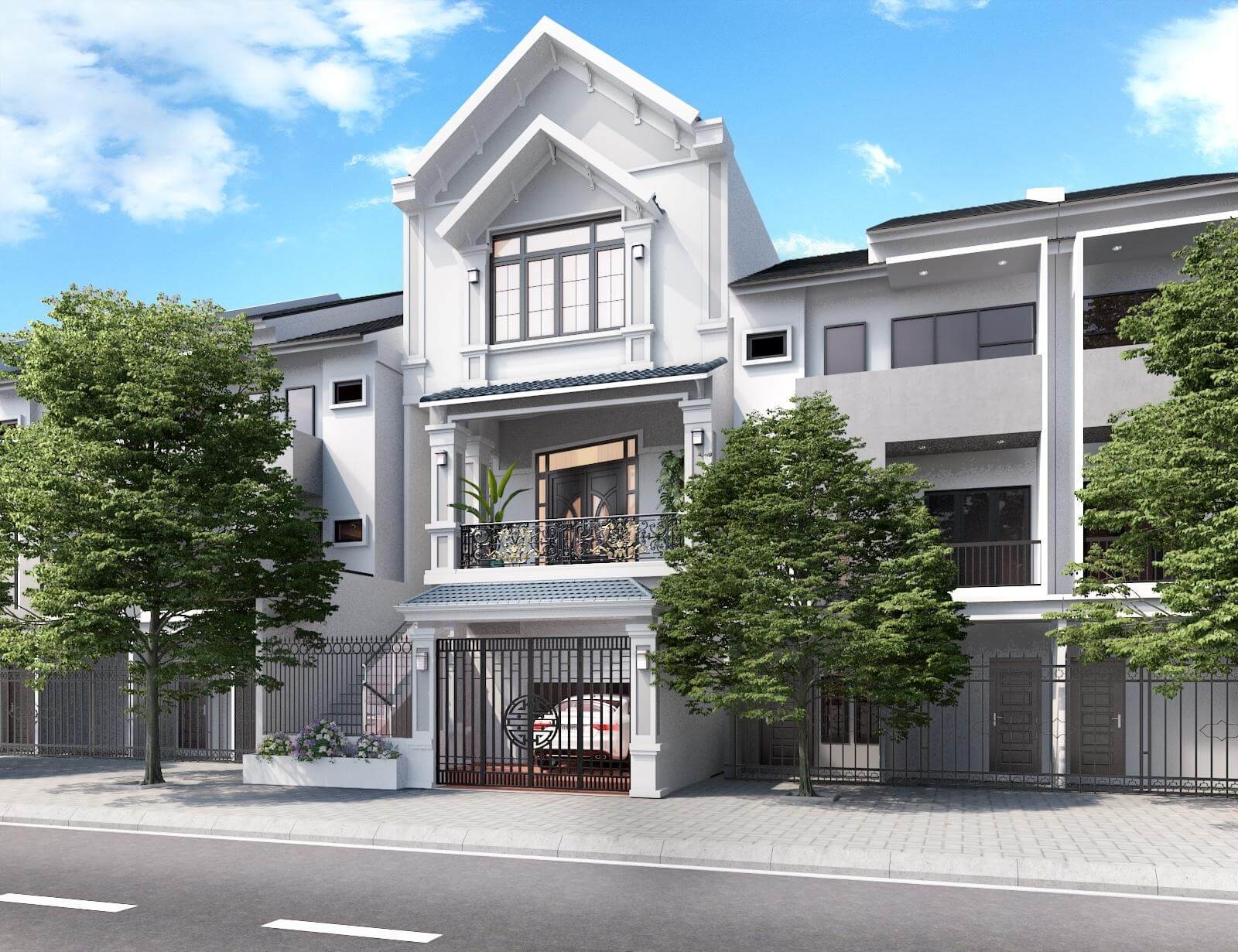 nha-ong-3-tang-5x15m-4-phong-ngu-mai-nhat-2 Nhà phố hiện đại 3 tầng với thiết kế sang trọng, cây xanh phía trước, bầu trời xanh trong.