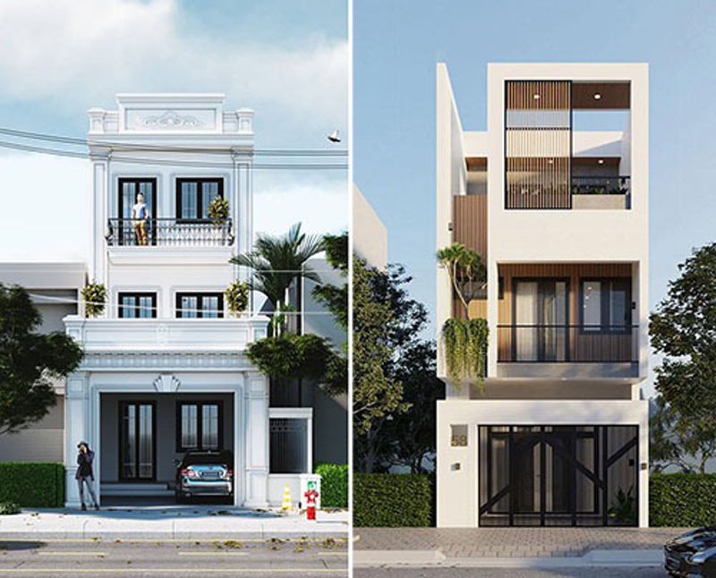 Hai ngôi nhà hiện đại, ba tầng với thiết kế kiến trúc khác nhau, bên trái cổ điển, bên phải tối giản.