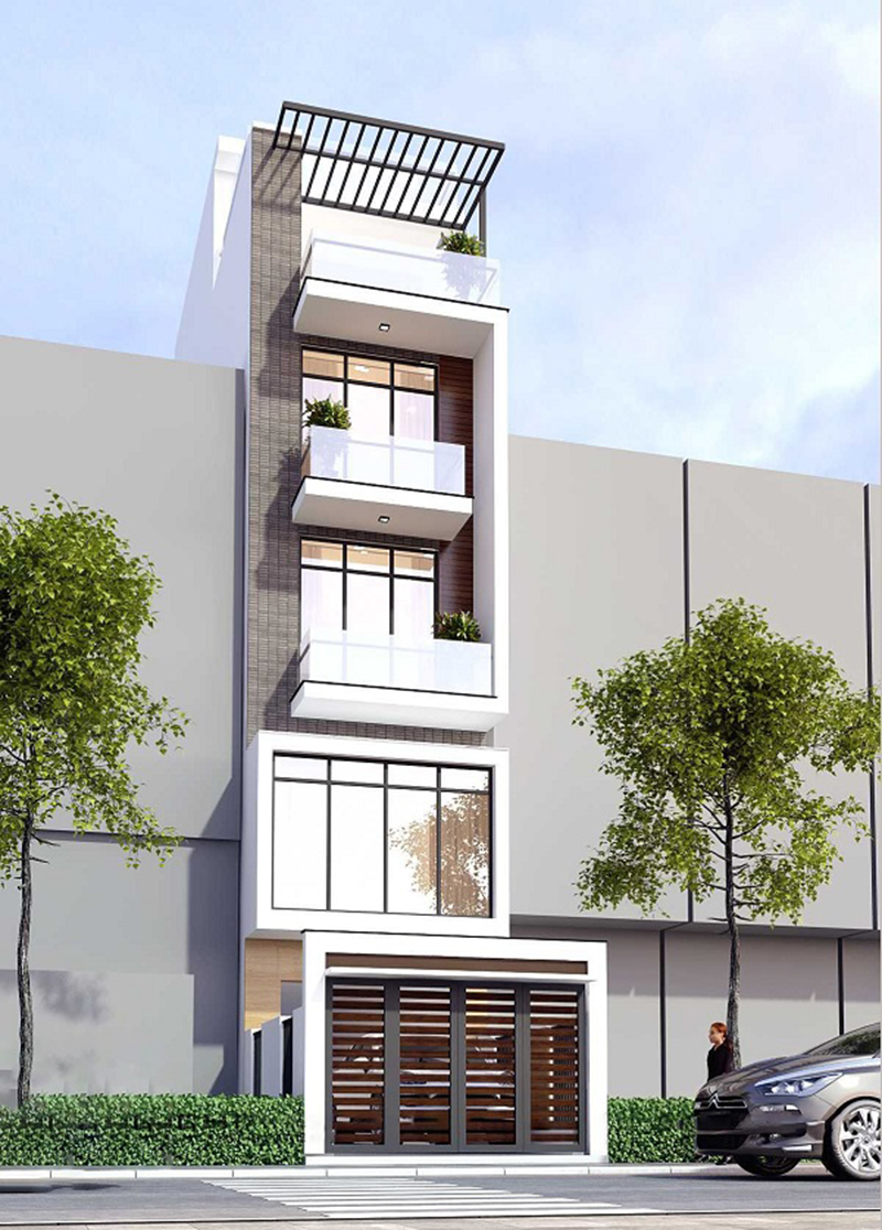 Nhà phố hiện đại bốn tầng với ban công kính và cây xanh, thiết kế mặt tiền đẹp, đường phố đô thị.