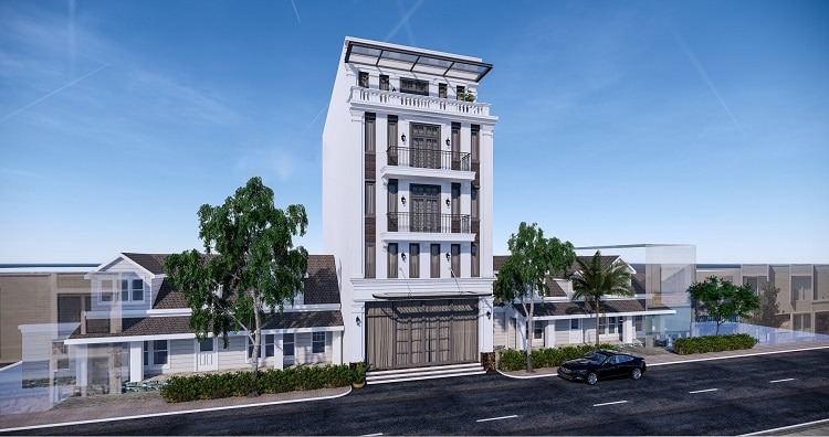 Tòa nhà 5 tầng hiện đại giữa trời xanh, bên cạnh là cây xanh và xe ô tô đậu trên đường.