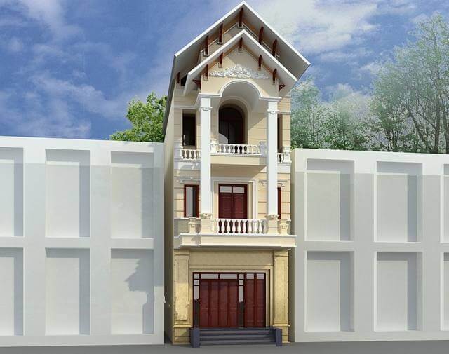 Nhà phố tân cổ điển ba tầng, mặt tiền sang trọng với ban công và mái vòm, trời nắng nhẹ, cây xanh phía sau.