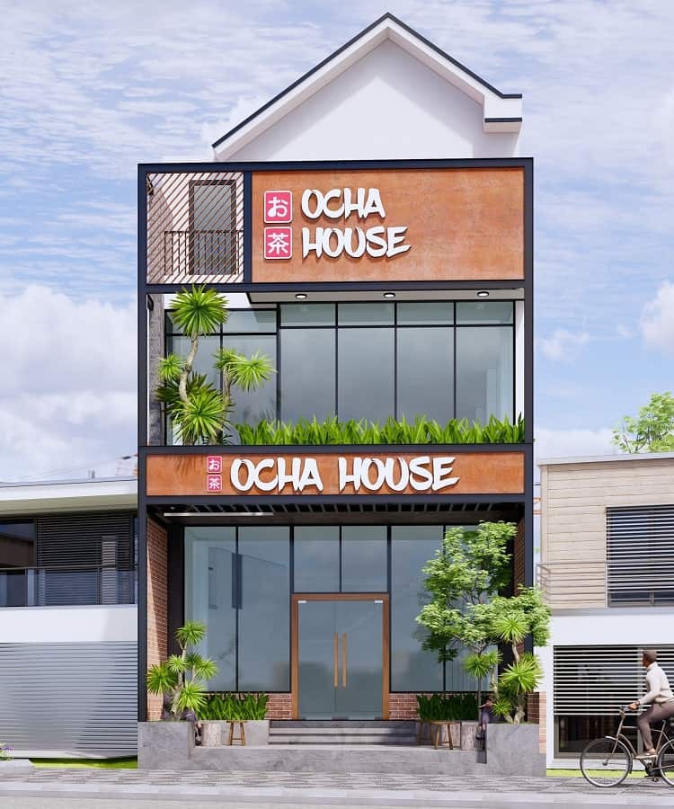Tòa nhà Ocha House với mặt tiền hiện đại và cây xanh phía trước, có biển hiệu lớn, trời xanh.