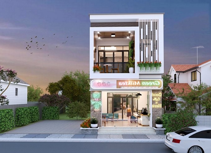 Nhà hai tầng hiện đại với quán trà sữa bên dưới, thiết kế sáng tạo, cây xanh trang trí trước sân.