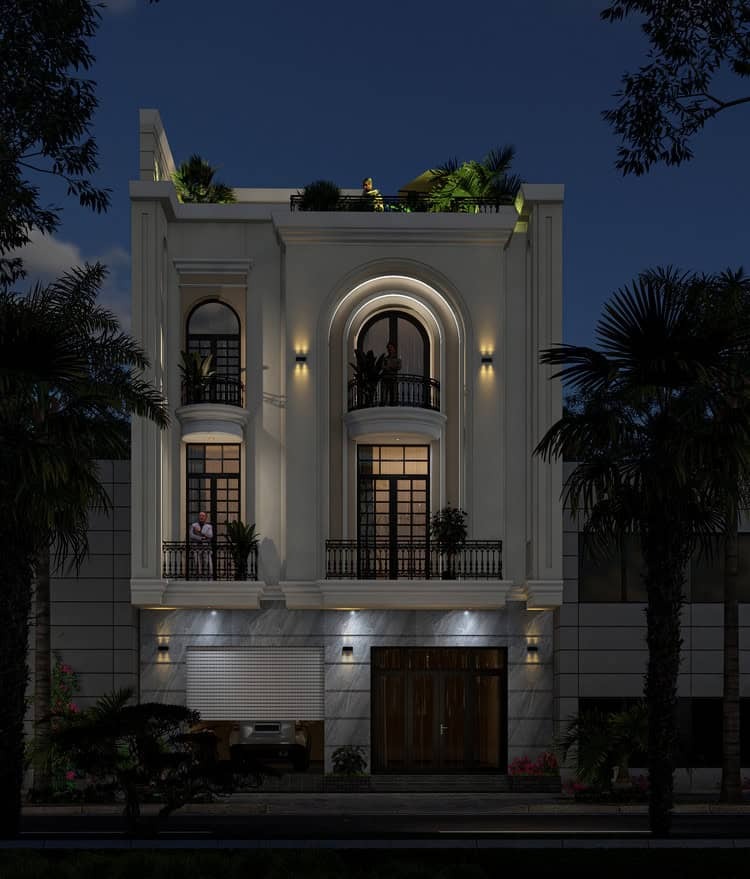 Mặt tiền biệt thự hiện đại ba tầng vào ban đêm với cửa sổ kính lớn và đèn chiếu sáng, cây xanh tươi tắn.